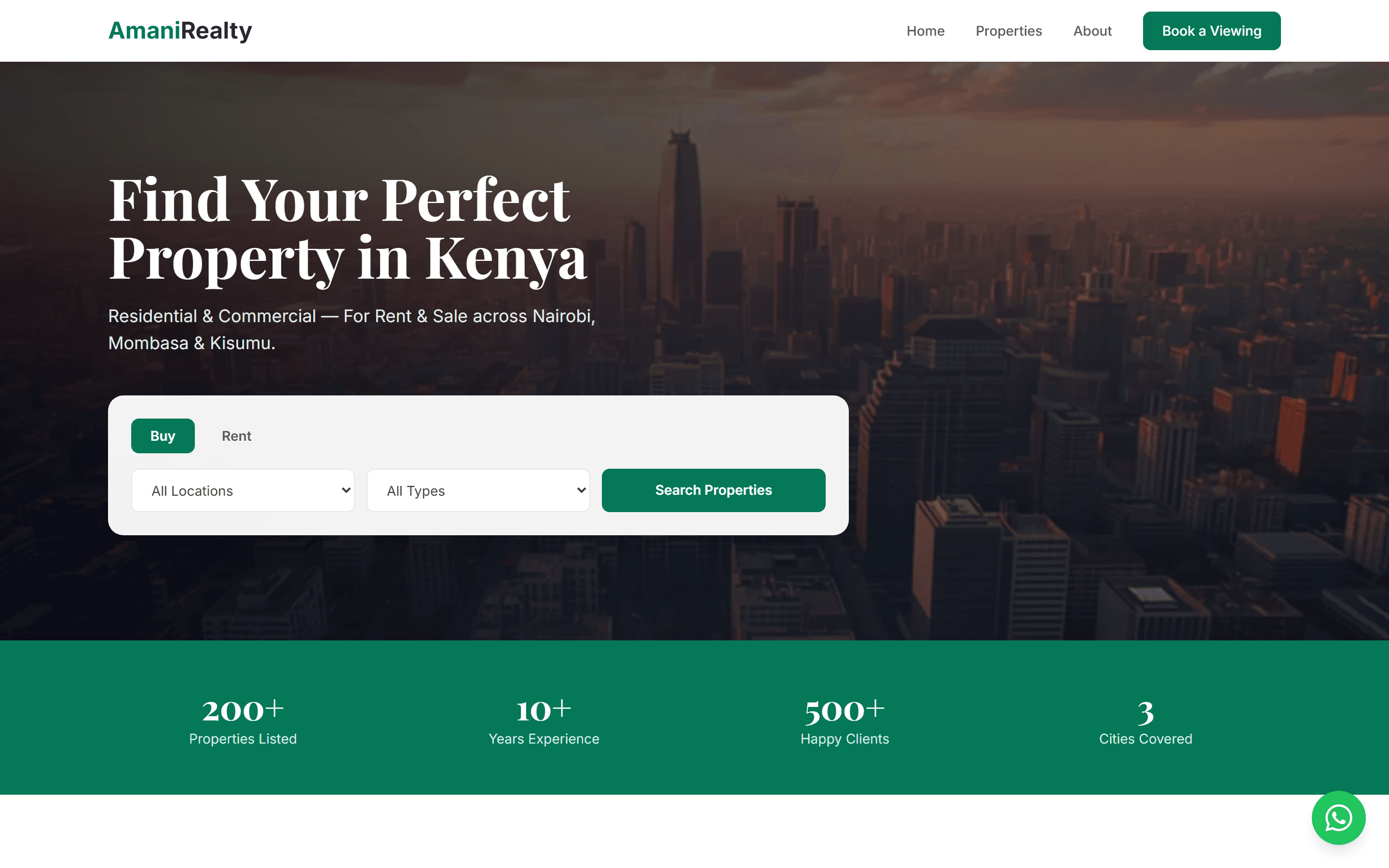 The Amani Realty property listing homepage on a desktop browser.